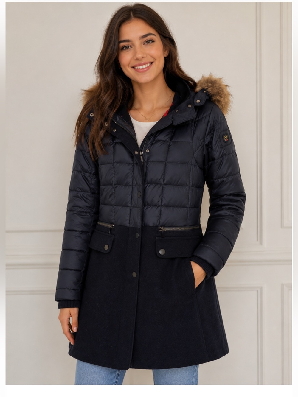 Madison Navy Quilted Hybrid Puffer Coat with Faux Fur Trim